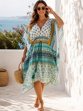 Boho Kaftan Teal Turquoise Gold Print Cinched Waist Resort Beach Coverup Tunic